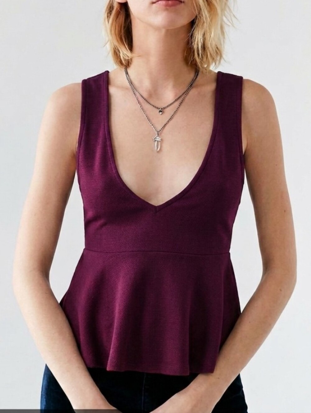 silence+noise Plunge V-neck Burgundy Peplum Blouse Tank Top 00s Vintage, Size S